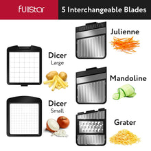 Load image into Gallery viewer, All-in-1 Vegetable Chopper and Mandoline Slicer for Kitchen - Cheese Grater, French Fry Cutter, Cheese Slicer - Bonus Handheld Spiralizer Included (6 in 1, Black/White)