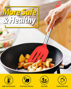 Pack of 4 Silicone Cooking Utensils Set, Non Stick Large Solid Spatulas, Heat Resistant Black Slotted Spoons, Ideal BPA Free Kitchen Turners for Frying, Mixing,Serving,Draining,Turning,Stirring