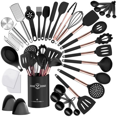 Umite Chef Silicone Kitchen Cooking Utensil Set, 43 pcs Spatula Set with Stainless Steel Handle, Non-stick Heat Resistant - Best Cookware Set-(Khaki)