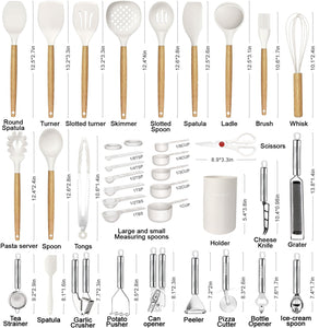 Kitchen Utensils Set- 35 PCs Cooking Utensils with Grater,Tongs, Spoon Spatula &Turner Made of Heat Resistant Food Grade Silicone and Wooden Handles Kitchen Gadgets Tools Set for Nonstick Cookware