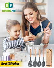 Load image into Gallery viewer, Pack of 4 Silicone Cooking Utensils Set, Non Stick Solid Spatulas and Heat Resistant Slotted Spoons with Wooden Handle, Ideal Wood Kitchen Utensils Set for Frying,Serving,Turning,Stirring (KHAKI)