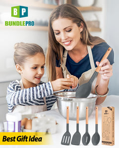Pack of 4 Silicone Cooking Utensils Set, Non Stick Solid Spatulas and Heat Resistant Slotted Spoons with Wooden Handle, Ideal Wood Kitchen Utensils Set for Frying,Serving,Turning,Stirring (KHAKI)