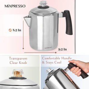Mixpresso Stainless Steel Stovetop Coffee Percolator, 52 oz Classic Percolator Coffee Pot, Excellent As Camping Pot, 12 Cup Stainless Steel Camping Coffee Makers, Cool-Touch Handle.
