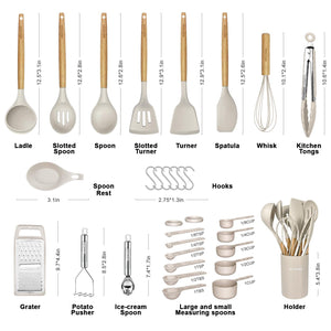 Kitchen Cooking Utensils Set,29 pcs Non-Stick Silicone Cooking Kitchen Utensils Set with Holder, Wooden Handle Silicone Kitchen Gadgets Utensil Set Spatula Turner Spoon Tongs Whisk (White)