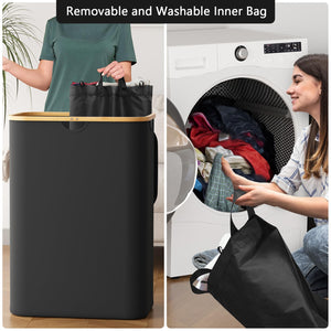 SpaceAid Laundry Hamper with Lid, 110L Large Tall Clothes Basket Bin with Bamboo Handles, Collapsible Laundry Hamper for Bedroom, Bathroom, Dorm, Laundry Room - Black