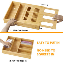 Load image into Gallery viewer, SpaceAid Bag Storage Organizer for Kitchen Drawer, Bamboo Organizer, Compatible with Gallon, Quart, Sandwich and Snack Variety Size Bag (1 Box 4 Slots)