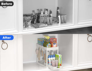 2PC Under Sink Organizer Rack 2 Tier Under Sliding Cabinet Basket Organizer Drawer with 4 Hooks, Multi-purpose Under Sink Storage for Bathroom Kitchen Desktop（Black）