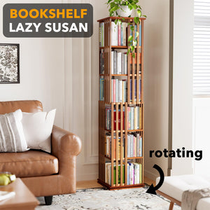 SpaceAid 6 Tier Rotating Bookshelf Tower, Bamboo Spinning Book Shelf, Revolving 360 Bookcase Storage Swivel Round Carousel, Vertical Rotate Turning Spiral Corner Organizer (6-Tier Walnut)