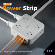 Load image into Gallery viewer, Surge Protector Flat Extension Cord Flat Plug Power Strip, 8 AC Outlets, 3 USB Charger(1 USB C Port) 3-Sided Outlet Extender, 5 Ft, 900 Joules Protection, Office Supplies, Dorm Room Essentials, Grey