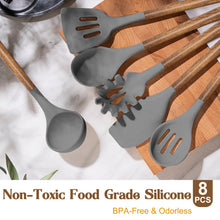 Load image into Gallery viewer, Silicone Cooking Utensil Set, Umite Chef 8-Piece Kitchen Utensils Set with Natural Acacia Wooden Handles,Food-Grade-Silicone Kitchen Gadgets Spatulas Set for Nonstick Cookware- Black