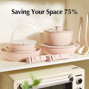 Redchef Ceramic Pots and Pans Set, Nonstick Kitchen Cookware Set with Detachable Handle, Non Toxic Cookware Set 16pcs, PFAS PFOA & PTFE Free, RV Ceramic Cookware for Camping, Dishwasher/Oven Safe