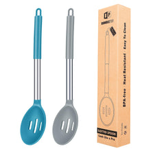 Load image into Gallery viewer, Pack of 2 Large Silicone Slotted Spoon Kitchen Skimmer with High Heat Resistant BPA Free Non Stick Cooking Ladle Strainers For Draining and Frying (Gray-Blue)