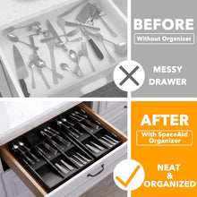Load image into Gallery viewer, SpaceAid Bamboo Silverware Drawer Organizer with Labels, Kitchen Utensil Tray Holder Organizer for Flatware, Cutlery, Spoon and Knives Drawer Storage Organization (Natural, 6 Slots)