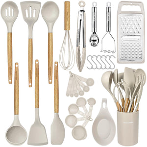 Kitchen Cooking Utensils Set,29 pcs Non-Stick Silicone Cooking Kitchen Utensils Set with Holder, Wooden Handle Silicone Kitchen Gadgets Utensil Set Spatula Turner Spoon Tongs Whisk (White)