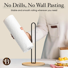 Load image into Gallery viewer, Paper Towel Holder - Wooden Paper Towel Holder with Non-Slip Wood Base, Minimalist Modern Style, Countertop Paper Towel Dispenser for Kitchen, Home, Office - Black Paper Towel Stand by Bambüsi