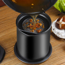 Load image into Gallery viewer, Bacon Grease Container with Fine Mesh Strainer, 1.3 L almost 6 Full Cups Iron Cooking Oil Can with Removable a Coaster Tray for Kitchen Fat Storage Black
