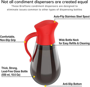 Brieftons Oil & Vinegar Dispensers: 2 x 18.6 Oz Leakproof Glass Oil Dispenser Bottles, Dual Condiment Dispensing Cruets, Easy Pouring with Auto Flip Cap & Stopper, Drip Free & Spill Free Design