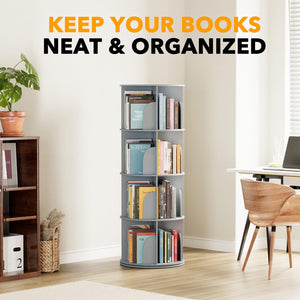 SpaceAid 4 Tier Rotating Bookshelf Tower, Spinning Bookcase Lazy Susan, Revolving 360 Book Shelf Storage Round Carousel, Vertical Rotate Turning Spiral Corner Organizer, White
