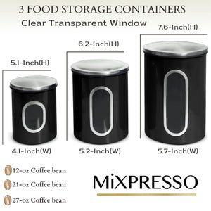 Mixpresso 3 Piece Black Canisters Sets For The Kitchen, Jars With See Window, Airtight Coffee Container Tea Organizer & Sugar Canister, Kitchen Canisters Set of 3 Black Kitchen Décor