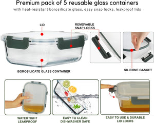 Brieftons Glass Meal Prep Containers: 5 Pack, 35 Oz with Airtight, Leakproof Snap Locking Lids, Perfect for Food Storage, Lunch & Portion Control, BPA-Free, Microwave, Oven, Freezer & Dishwasher Safe