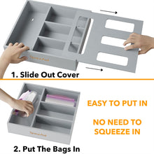 Load image into Gallery viewer, SpaceAid Bag Storage Organizer for Kitchen Drawer, Bamboo Organizer, Compatible with Gallon, Quart, Sandwich and Snack Variety Size Bag (1 Box 4 Slots)