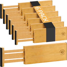 Load image into Gallery viewer, 6 Pack Drawer Dividers 6 Inch High, 11”-17&quot; Adjustable Bamboo Organizers Large Expandable Drawer Separators for Cloths, Dresser, Bedroom, Bathroom, Baby Drawer, Office &amp; Kitchen Utensils (Natural)
