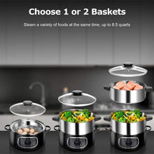 Load image into Gallery viewer, Secura 2 Stainless Steel Food Steamer 8.5 Qt Electric Glass Lid Vegetable Steamer Double Tiered Stackable Baskets with Timer