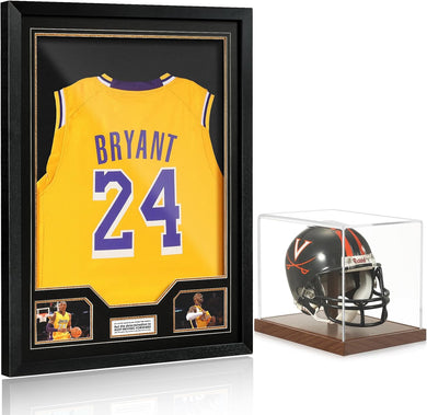 JupDec Jersey Frame & Mini Helmet Display Case, Large Clear Acrylic Shadow Box with UV Protection Wooden Showcase,Idea Gift for Sports Fans