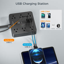 Load image into Gallery viewer, Black Surge Protector Power Strip, TESSAN Flat Plug Extension Cord 5 FT with 6 Outlets 3 USB Charger (1 USB C), 1700J Protection Multiple Outlets Charging Station for Home, Office, College Dorm Room