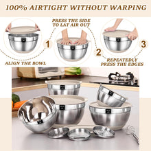 Load image into Gallery viewer, Umite Chef Mixing Bowls with Airtight Lids Set, 8PCS Stainless Steel Khaki Nesting Bowls with Grater Attachments, Kitchen Bowls with Non-Slip Bottoms, Size 5, 4, 3.5, 2, 1.5QT for Mixing &amp; Serving