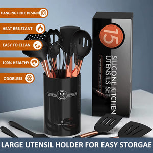 Silicone Cooking Utensil Set, Umite Chef 15pcs Silicone Cooking Kitchen Utensils Set, Non-stick - Best Kitchen Cookware with Stainless Steel Handle - Black
