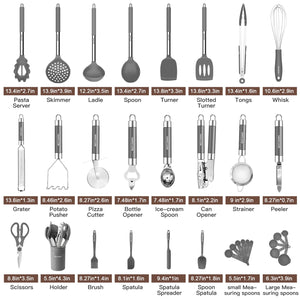 Kitchen Utensils Set-Silicone Cooking Utensils-33pcs Non-Stick Silicone Cooking Kitchen Utensils Spatula Set with Holder-Best Kitchen Cookware with Stainless Steel Handle (Khaki)