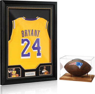 JupDec Jersey Frame & Football Display Case, Large Clear Acrylic Shadow Box with UV Protection Wooden Showcase,Idea Gift for Sports Fans