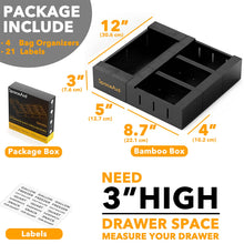 Load image into Gallery viewer, SpaceAid Bag Storage Organizer for Kitchen Drawer, Bamboo Organizer, Compatible with Gallon, Quart, Sandwich and Snack Variety Size Bag (4 Pack)