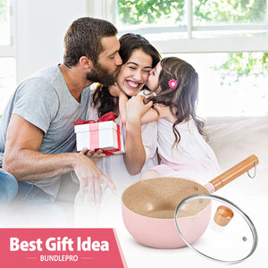 Sauce pan with Lid, 2.1 Quart Nonstick Small Pot, Induction Compatible Aluminum Cooking Pot with Silicone Spatula for Milk, Soup, Pasta, Egg, Rice (PINK)