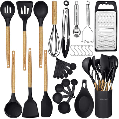 Kitchen Cooking Utensils Set,29 pcs Non-Stick Silicone Cooking Kitchen Utensils Set with Holder, Wooden Handle Silicone Kitchen Gadgets Utensil Set Spatula Turner Spoon Tongs Whisk (White)