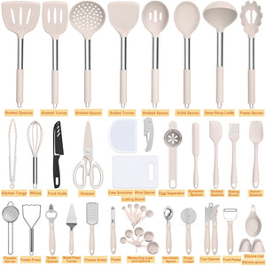 Silicone Cooking Utensil Set, Umite Chef 43 PCS Heat Resistant Kitchen Utensil Gadgets Set-Stainless Steel Handle- Kitchen Spatula Tools for Nonstick Cookware, Pots and Pans Accessories (Khaki)