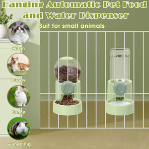 Hanging Automatic Pet Food Water Dispenser, 1L Auto Gravity Pet Feeder and 1L Water Dispenser Set, 34oz Cage Cat Dog Food and Water Dispenser for Kitten Puppy Bunny Guinea Pig (White)