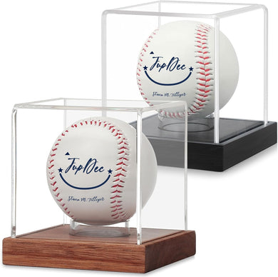 JupDec Baseball Display Case, Clear Cube Baseball Holder with Wooden Base, Autograph Baseball Stand Box for Single Ball, Brown & Black
