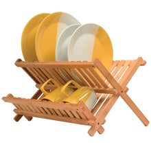 Load image into Gallery viewer, Dish Drying Rack - Collapsible 2-Tier Bamboo Dish Rack for Kitchen Counter, Wooden Dish Drainer with Foldable Space-Saving Design - Drying Rack for Dishes, Plates, and Cups