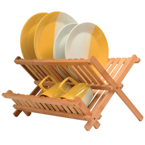 Dish Drying Rack - Collapsible 2-Tier Bamboo Dish Rack for Kitchen Counter, Wooden Dish Drainer with Foldable Space-Saving Design - Drying Rack for Dishes, Plates, and Cups