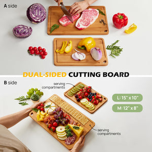Bamboo Cutting Board, Durable Wood Cutting Boards for Kitchen with Deep Juice Grooves & Built-in Handles, Ideal Charcuterie & Chopping for Meat, Vegetables and Fruits Ideal Kitchen Gifts