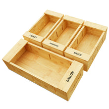 Load image into Gallery viewer, SpaceAid Bag Storage Organizer for Kitchen Drawer, Bamboo Organizer, Compatible with Gallon, Quart, Sandwich and Snack Variety Size Bag (4 Pack)