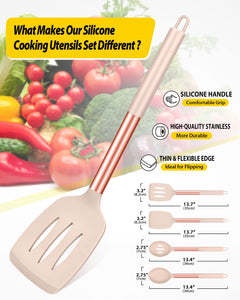 Pack of 4 Silicone Cooking Utensils Set, Non Stick Large Solid Spatulas, Heat Resistant Black Slotted Spoons, Ideal BPA Free Kitchen Turners for Frying, Mixing,Serving,Draining,Turning,Stirring