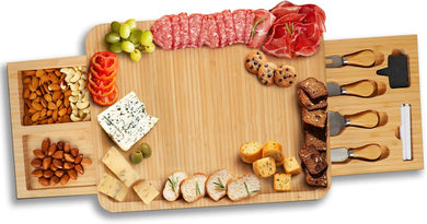 Bambüsi Charcuterie Board Set - Large Bamboo Cheese Board with Storage Drawers, Cheese Knives, Slate Markers & Chalk Pens - Meat Cheese Serving Tray for Parties, Wedding Gift, Housewarming Gifts