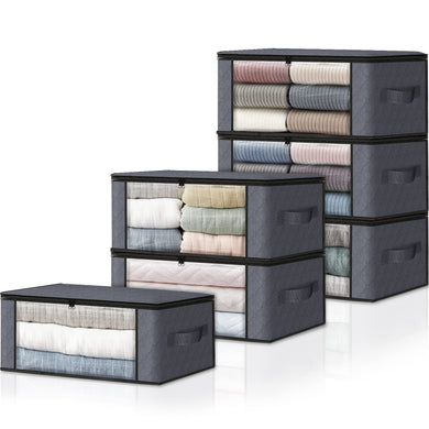 HomeHacks Storage 3-Pack Clothes Organizer Storage Bags Foldable Storage Box with Large Clear Window Sturdy Handles for Closet, Dorm, Pillows, Bedding, Clothes, Blankets, 35L, Gray