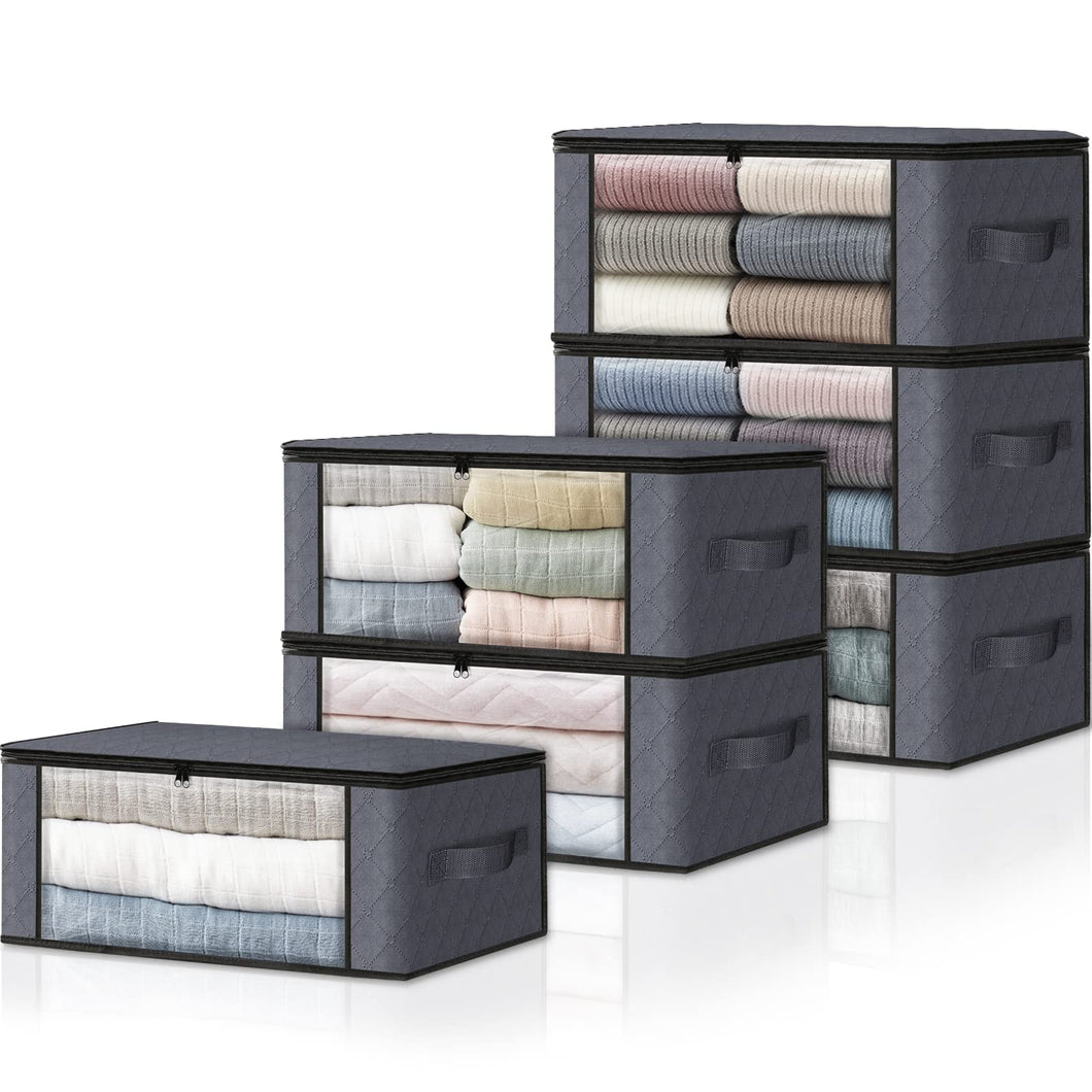 HomeHacks Storage 3-Pack Clothes Organizer Storage Bags Foldable Storage Box with Large Clear Window Sturdy Handles for Closet, Dorm, Pillows, Bedding, Clothes, Blankets, 35L, Gray