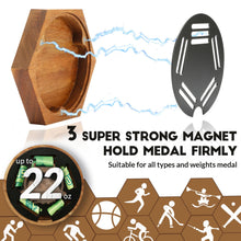 Load image into Gallery viewer, JupDec Medal Hanger Display Honeycomb Holder for Wall, Artistic Showcase Wooden Frame Medal Case with Strong Magnetic Wall-mounted Hexagon Combination Stand, for Sports Marathon Championships, Brown