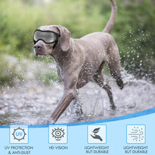 Load image into Gallery viewer, Dog Sunglasses Dog Goggles Pet Glasses Pet Eyewear with Adjustable Strap, Glasses for Medium Large Dog Swimming Skating Glasses UV Proof Windproof Dustproof (Black Frame + Gray Lens)