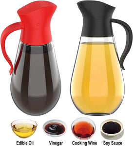 Brieftons Oil & Vinegar Dispensers: 2 x 18.6 Oz Leakproof Glass Oil Dispenser Bottles, Dual Condiment Dispensing Cruets, Easy Pouring with Auto Flip Cap & Stopper, Drip Free & Spill Free Design